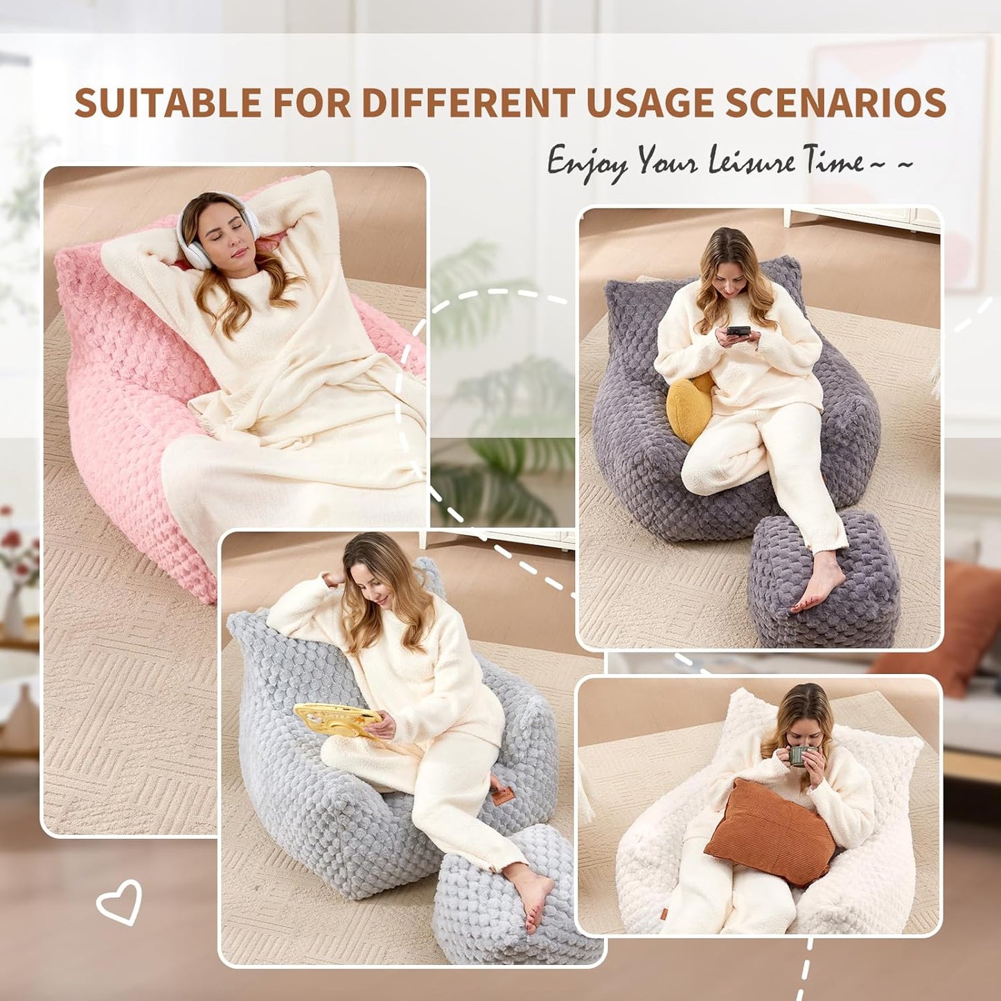 Bean Bag Chair with Ottoman, Modern Giant Bean Bag Couch Sofa with Footstool, Lounge Large Bean Bag Chairs for Adults Teens, Comfy Faux Fur Reading Chair for Bedroom, Living Room