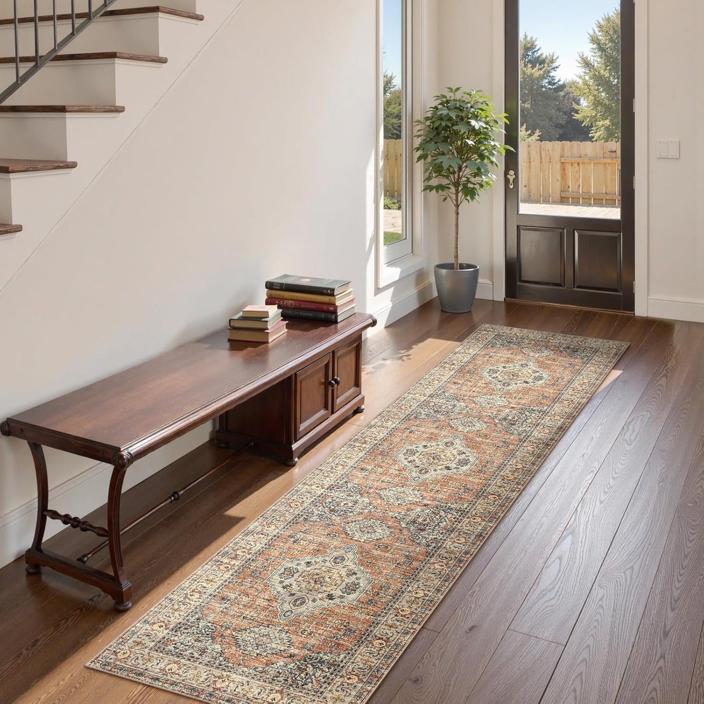 Lahome Oriental Kitchen Runners for Hallways, 2.5x10 Washable Runner Rug Non Slip, Soft Hallway Rug Distressed Ultra-Thin Long Carpet for Bathroom Entryway ‎Bedroom, Peach/Orange