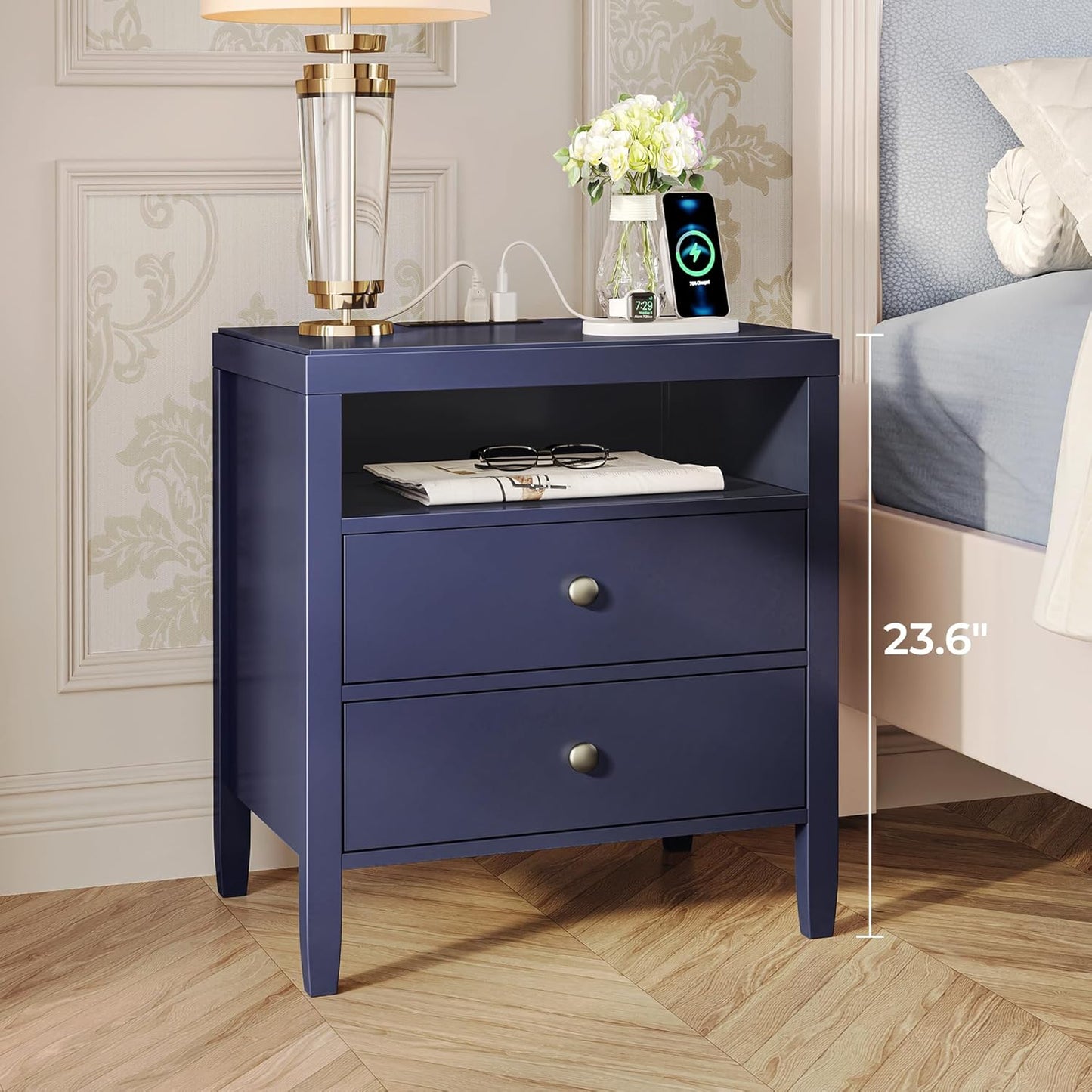 Huuger Blue Nightstand Set of 2, Night Stand with Charger Station, Bedside Table with 2 Drawers, Bed Side Tables for Bedroom, Modern Nightstands, Metal Knobs, Painted Surface