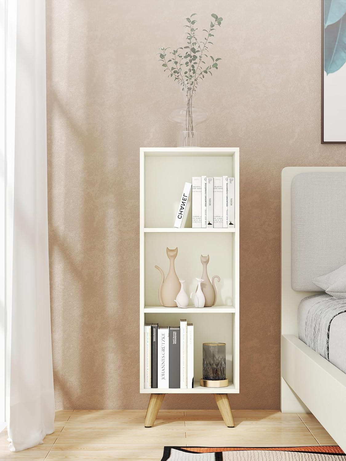 Manora Small Bookcase with 3 Open Shelves, Modern White Bookshelf with Wooden Legs, Narrow Storage Organizer for Living Room, Bedroom, Office