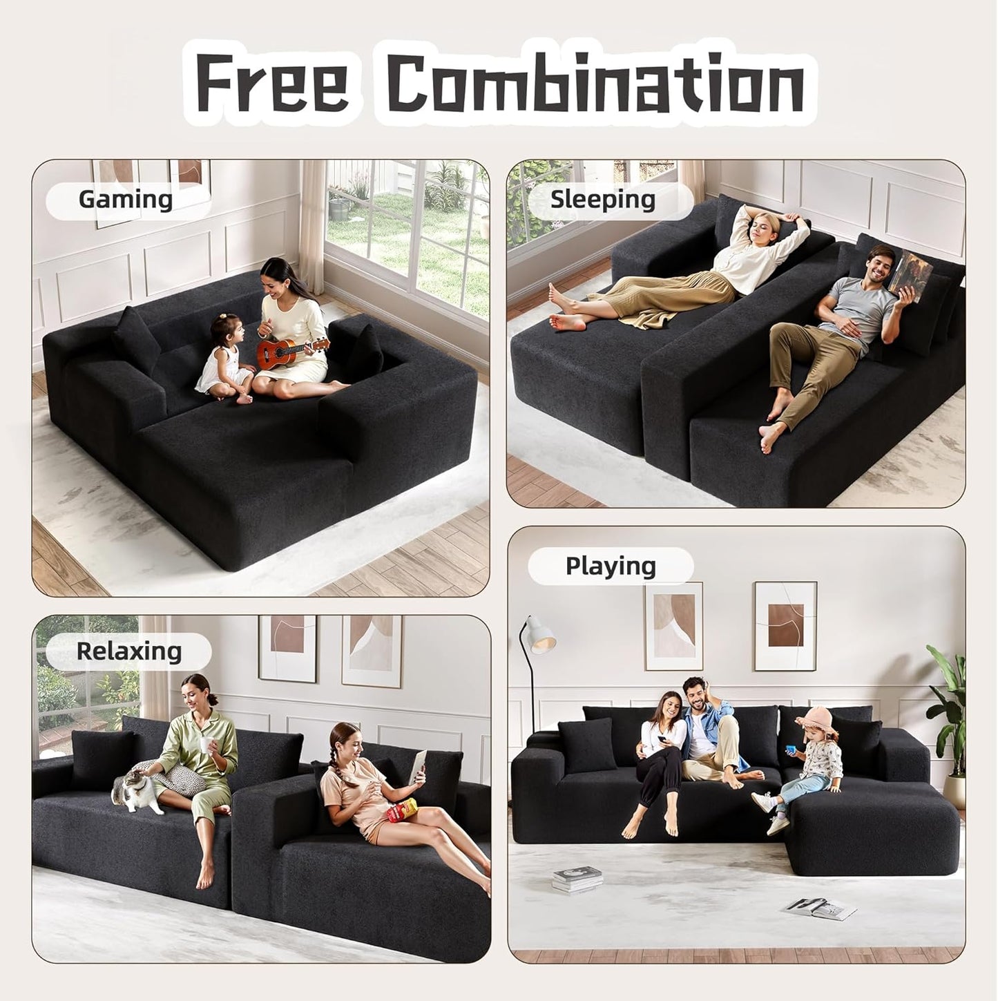 Cloud Sectional Couch, 104”L-Shape Oversized Sofa with Left Chaise Lounge, Modular Sleeper Couch with Pillows & Deep Seat, Rain Drop Velvet Fabric Compressed Sofa for Living Room, Black