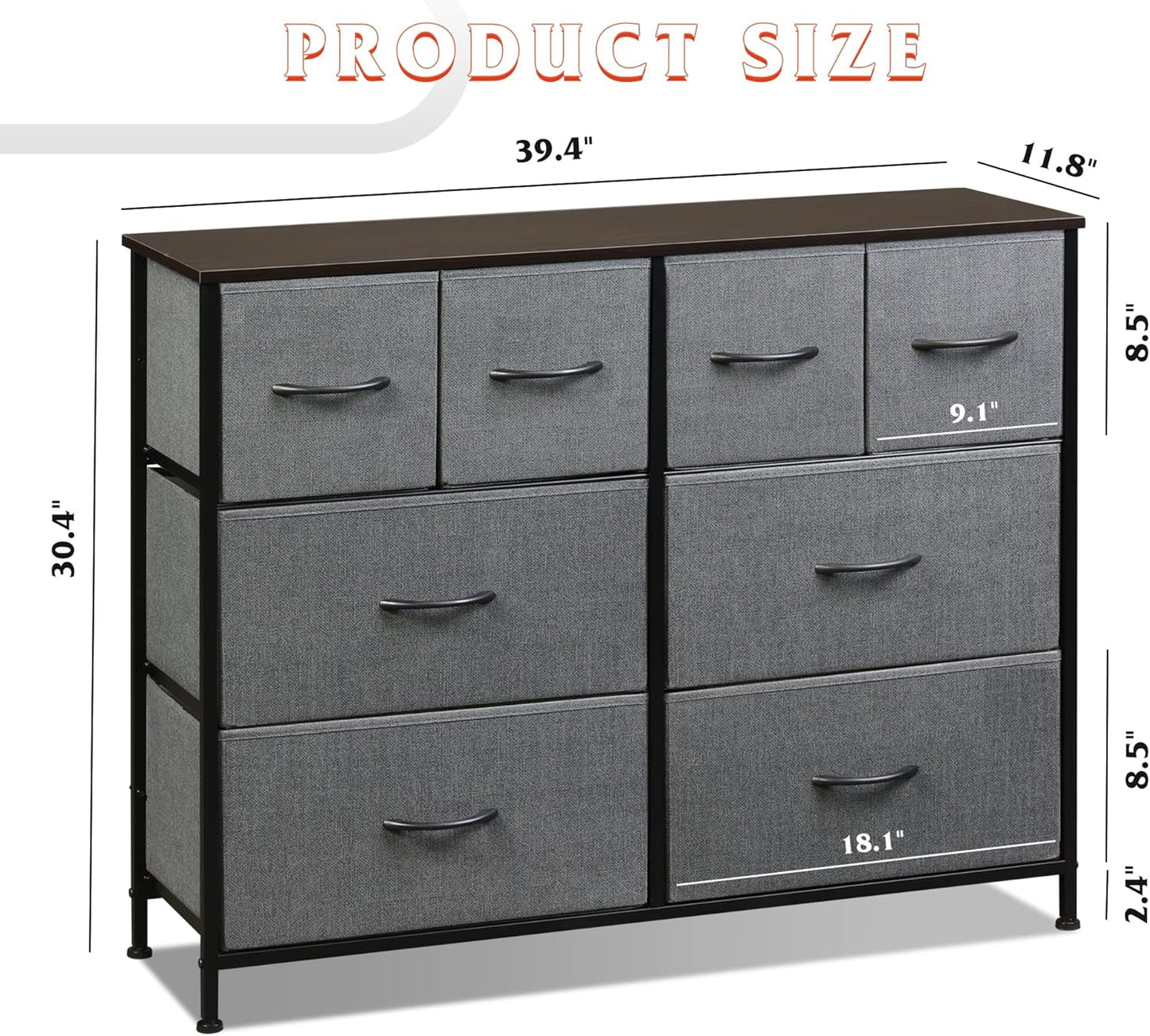 WLIVE Dresser for Bedroom with 8 Drawers, Wide Fabric Dresser for Storage and Organization, Chest of Drawers, Dressers for Living Room, Closet, Hallway, Dark Grey