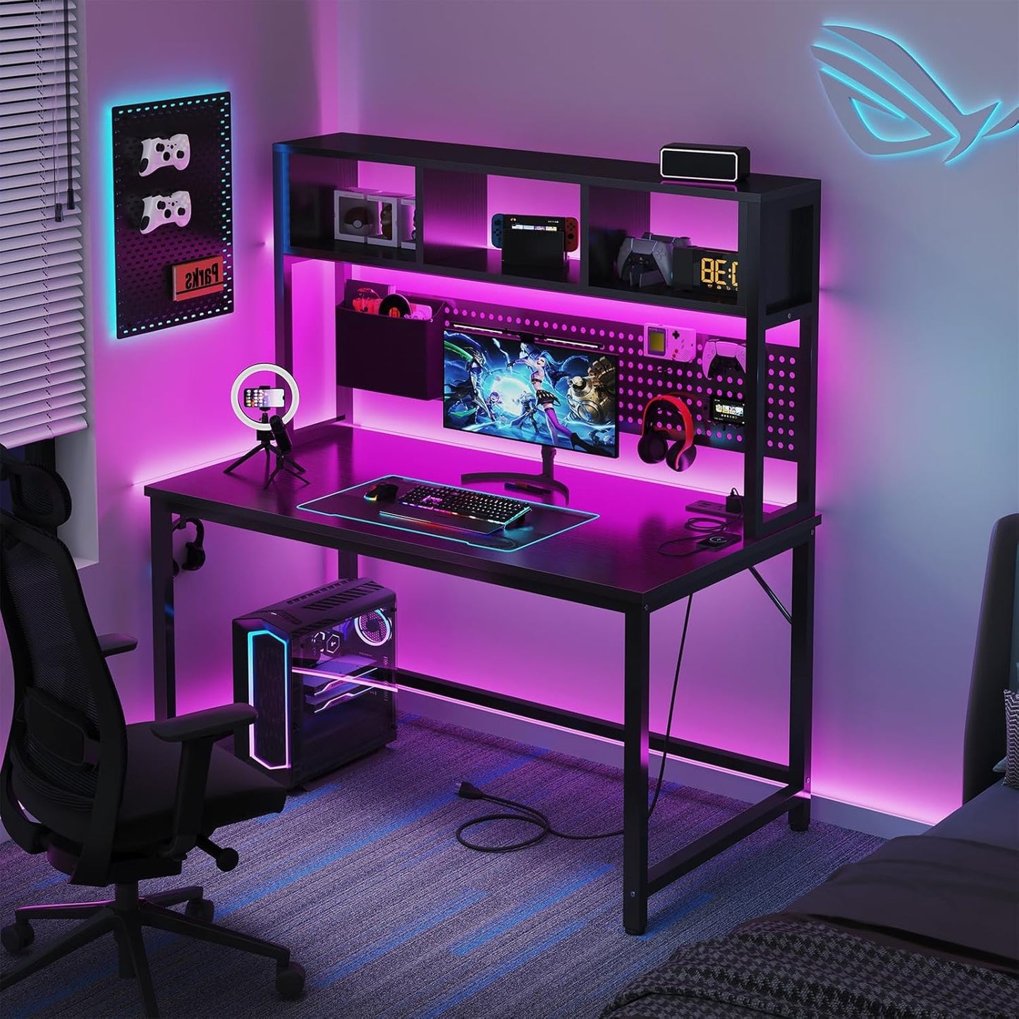 Black Gaming Desk with Hutch and Pegboard - 47 Inch Gaming Desk with Shelves Storage Power Outlets, Computer Teen Work Study Writing Desks for Bedroom Home Office
