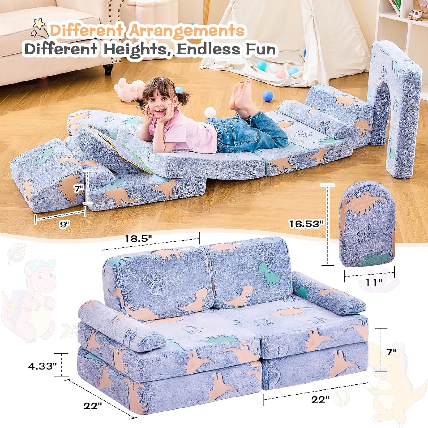 IFNOW Modular Kids Play Couch,Toddler Couch Kids Sofa,Child Sectional Sofa,Bedroom and Playroom Furniture for Toddlers,Convertible Foam and Floor Cushion for Boys and Girls,Glow in The Dark,Dinosaur
