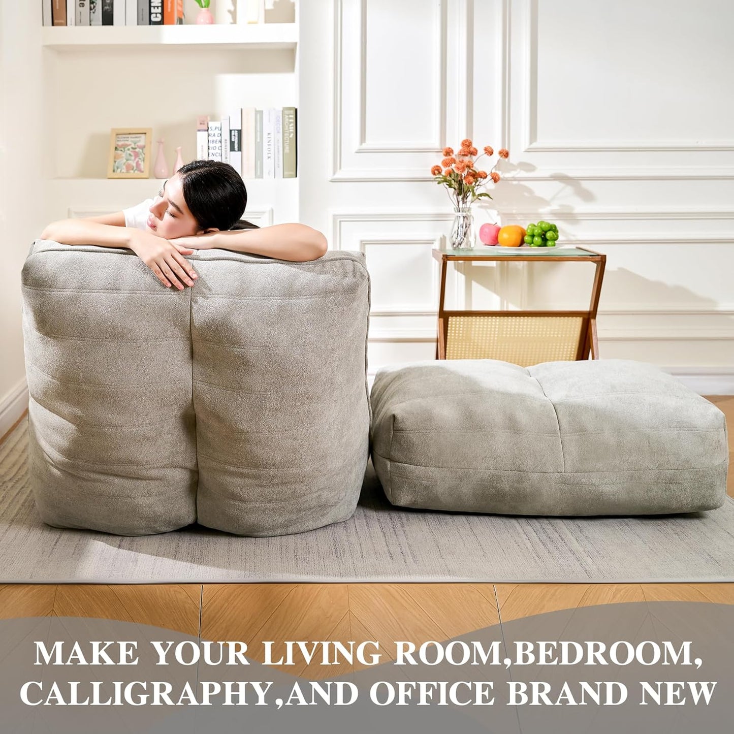 Bean Bag Chair with Ottoman, Comfy Bean Bag Sofa with Memory Foam, Lazy BeanBag Sofa with Footstool, Fireside Bean Bag Couch for Living Room, Bedroom, Apartment (Gray)