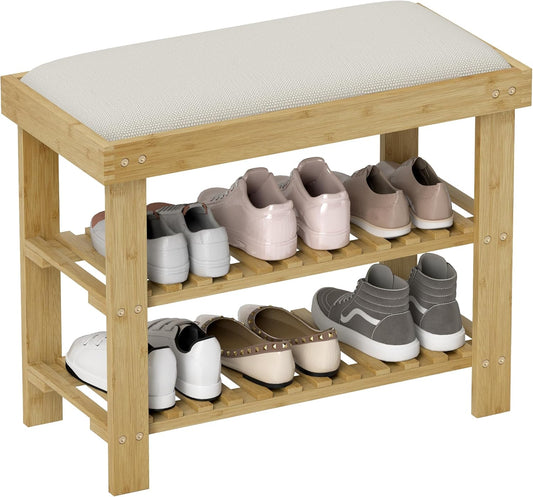 HOMCOM Bamboo Shoe Bench, 3-Tier Entryway Bench with Storage and Cushion, Shoe Organizer for Entryway, Hallway, Holds Up to 331 lbs, 23.6 x 11.4 x 19.3 Inches, Cream White