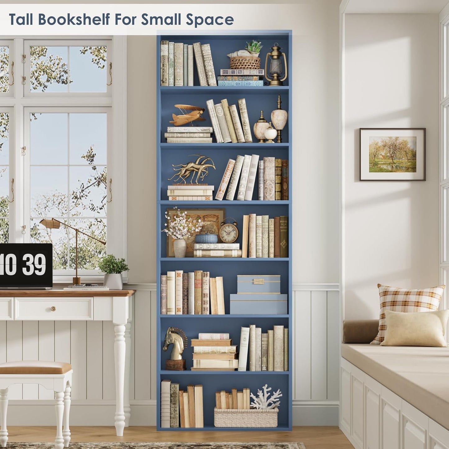 82" Tall Bookshelf, 7-Tier Open Shelves Bookcase, Freestanding Display Storage Shelves, Tall Bookcase Home Decor Furniture for Home Office, Living Room, Bedroom, Blue
