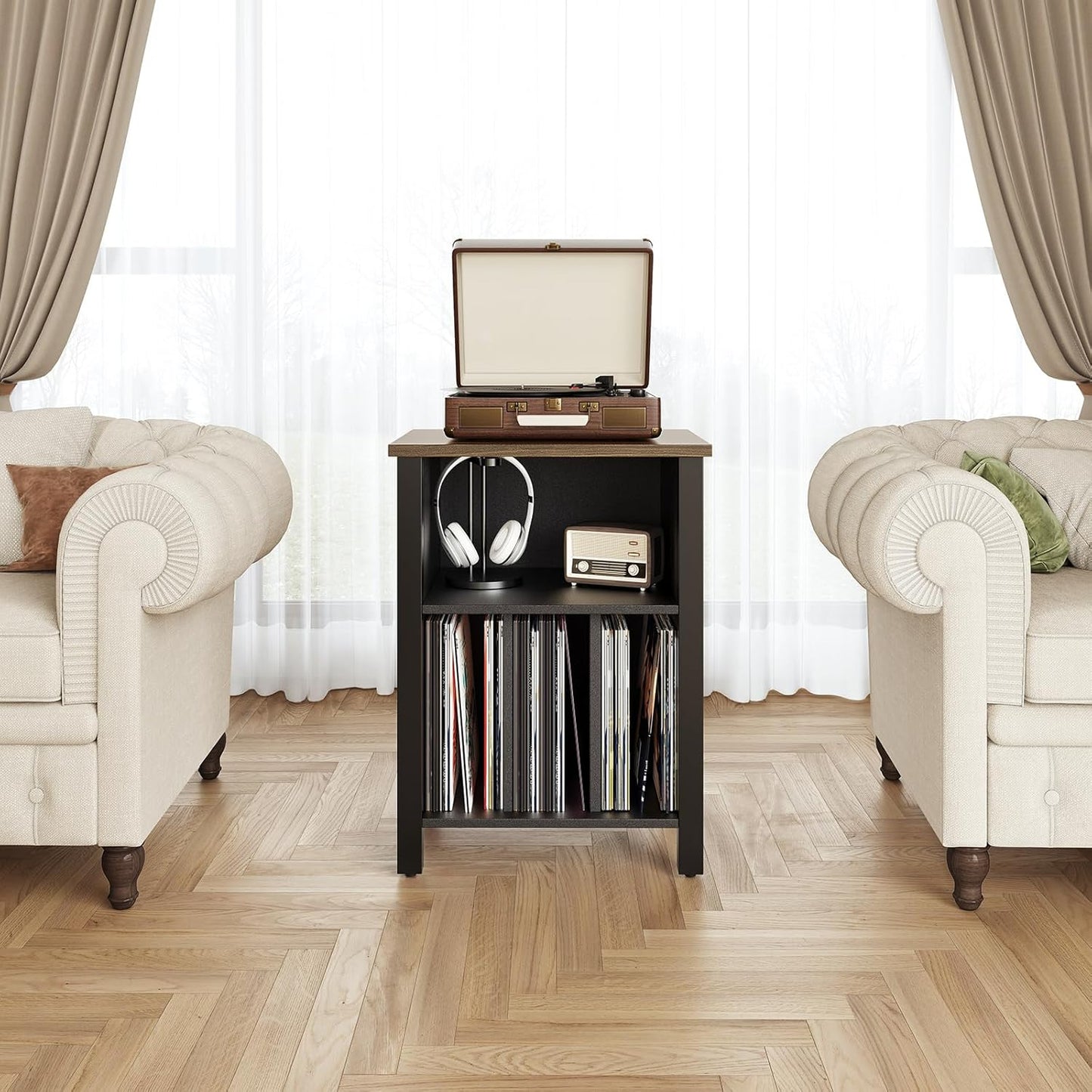 LIDYUK Record Player Stand, Vinyl Record Storage Table End Table with Display Shelf Holds up to 130 Albums, Large Nightstand Wood Turntable Stand Cabinet Side Table for Living Room, Bedroom, Black