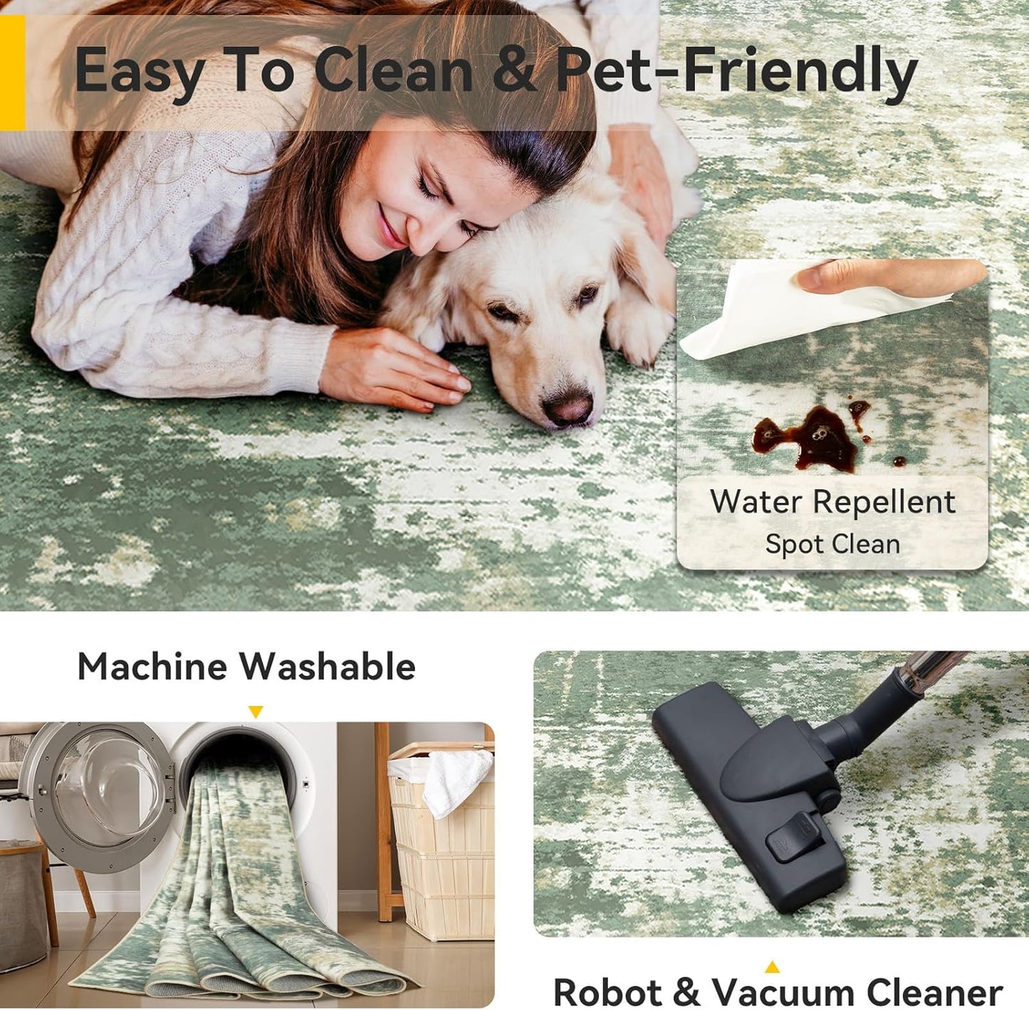 Washable Area Rugs 9'x12' Non-Slip Modern Abstract Soft for Living Room Entryway Bedroom Nursery, Print Pattern, Light Green/Yellow