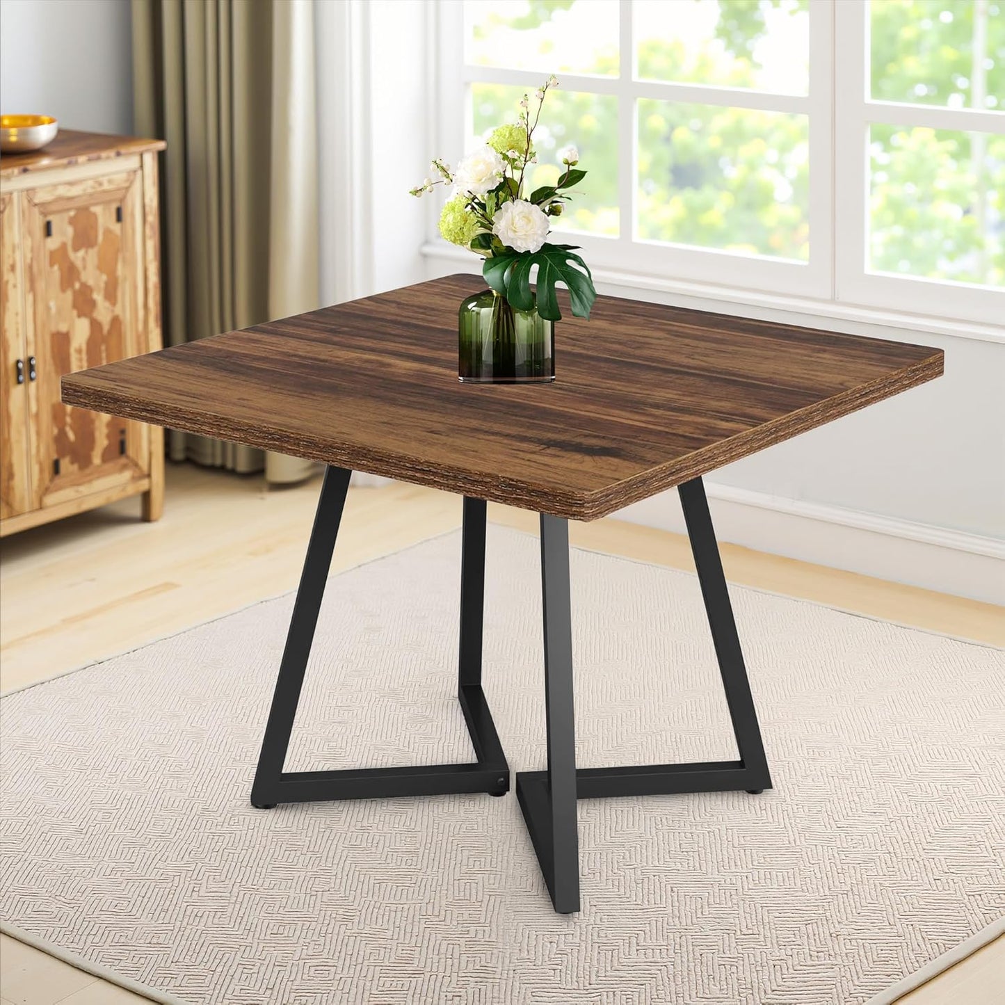 Square Dining Table for 4, 31.5-Inch Farmhouse Dinner Table Wooden Kitchen Tables with Metal Base for Dining Room, Kitchen, Living Room, Brown