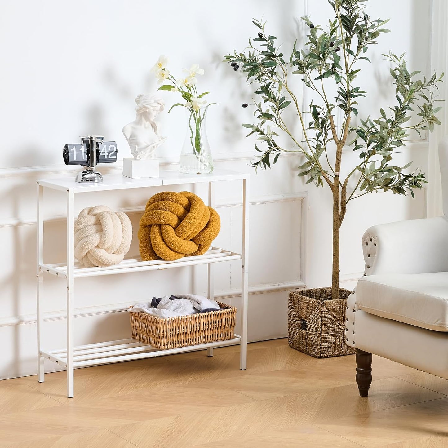 Wimarsbon 29.5" Narrow Console Table - 3-Tier Entryway Table with Shelves, Metal Frame, for Hallway, Living Room, Bedroom (White Frame White)