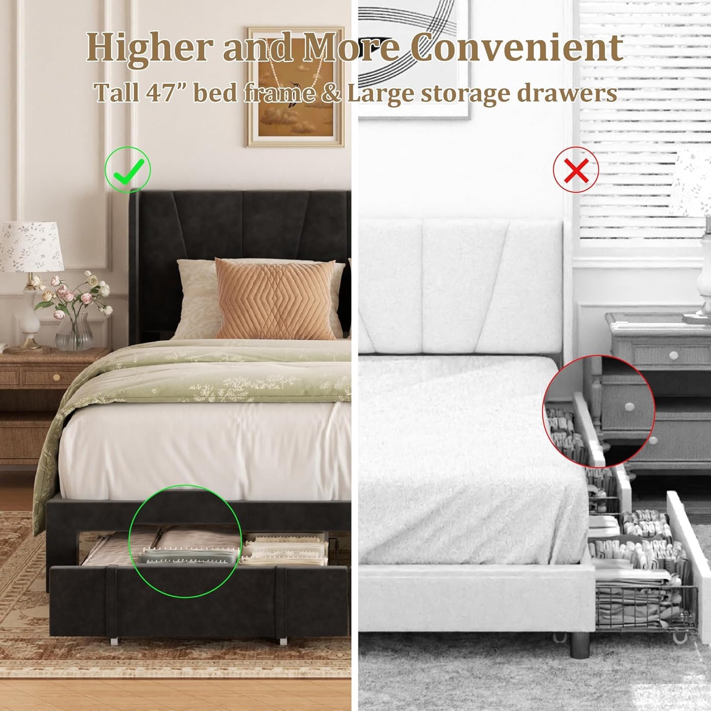 King Bed Frame with Storage Drawers, Upholstered Platform Bed with Headboard and Wingboard, No Box Spring Needed, NO Noise, Easy Assembly, Wooden Support Slats, Black