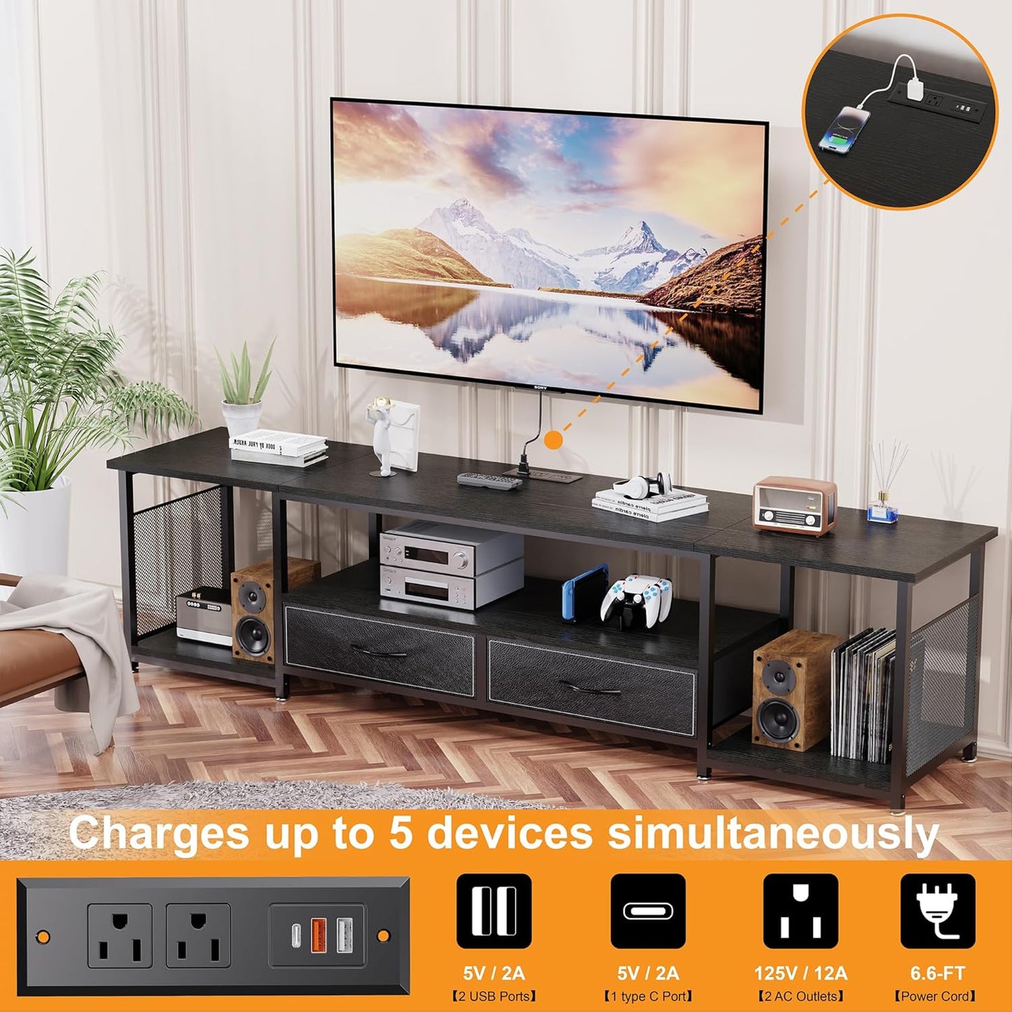 TV Stand with Drawers and Power Outlets for 75 70 65 Inch TV, Entertainment Center with Open Storage Shelves, Industrial Media TV Console Table for Living Room Bedroom Office, Black