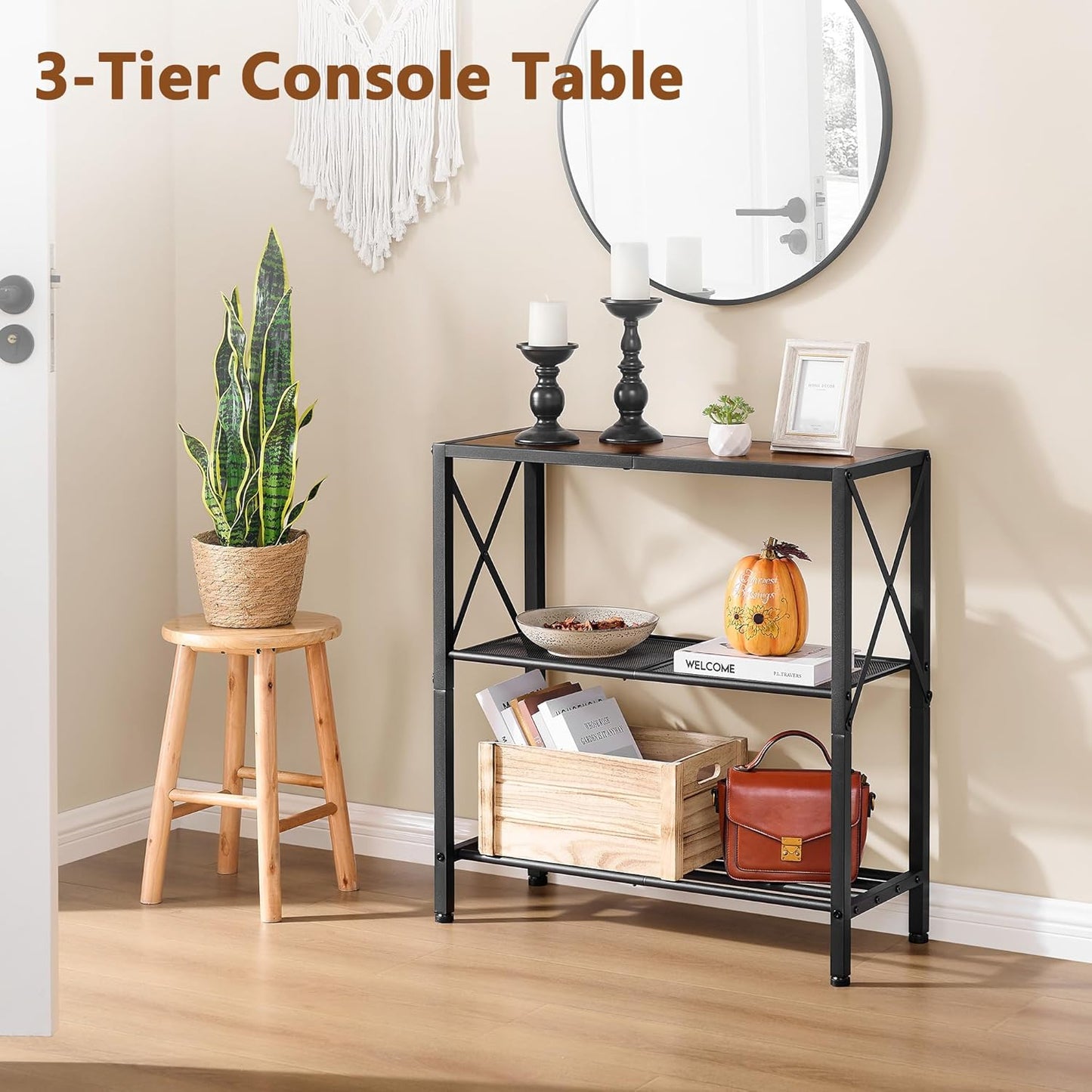 Hoctieon Industrial Console Table, 3-Tier Entryway Tables, Metal Frame, Sofa Table with Shelf, Hallway Tables, Entrance Desk for Entryway, Living Room, Foyer, Hallway, Rustic Brown&Black