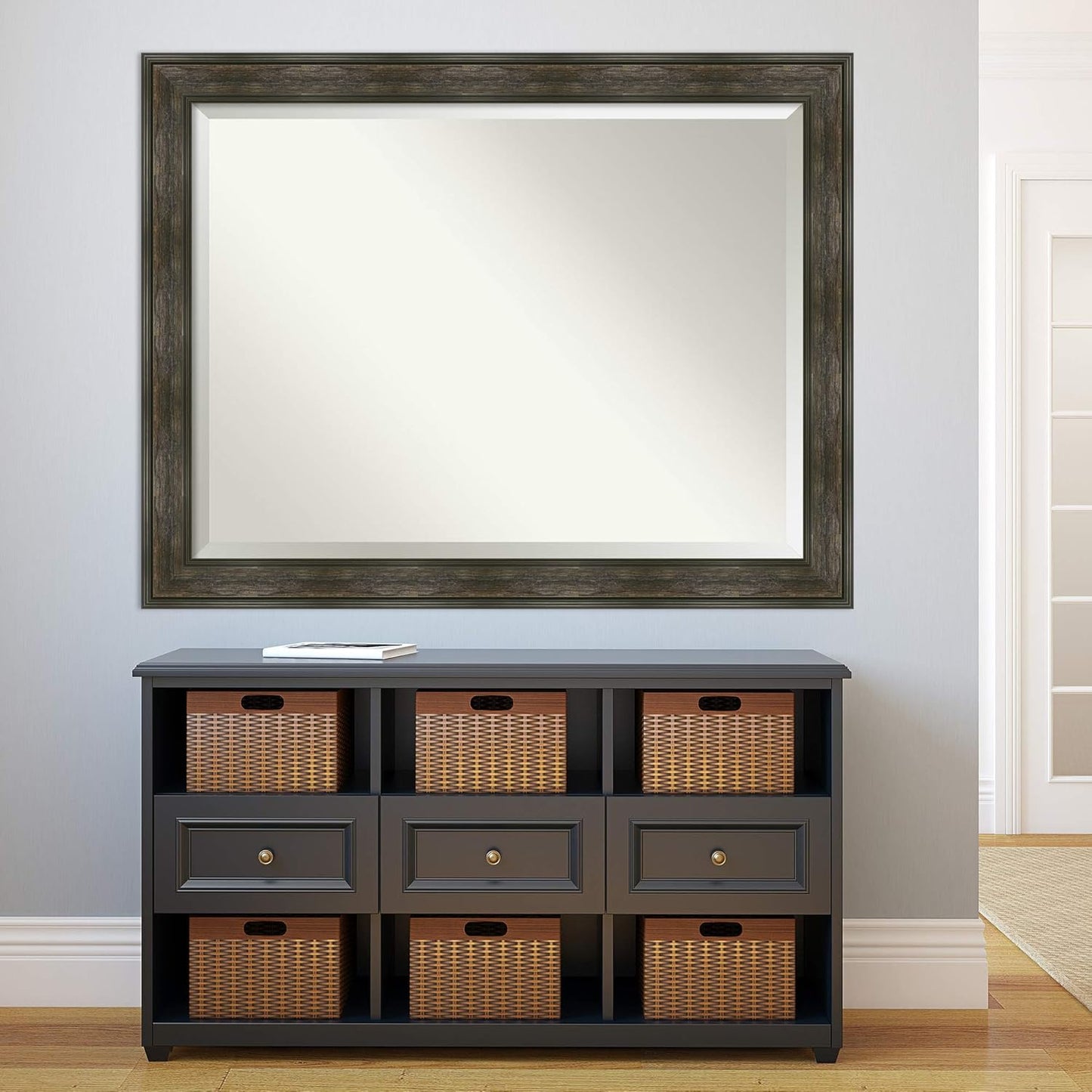 Amanti Art Brown Bathroom Mirror for Over Sink, 36x46 Rail Rustic Char Rectangle Vanity Mirror, X-Large Rustic Farmhouse Frame, Hangs Horizonally and Vertically, Bathroom Wall Decor, Beveled Edge