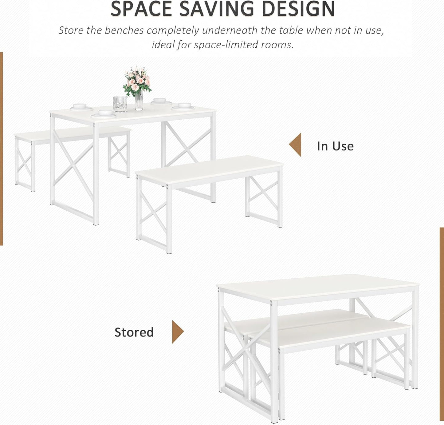 VECELO Dining Table with 2 Benches for 4, 43.3'' Wood Kitchen Room Dinette Sets with Metal Frame for Breakfast Nook and Small Space, White