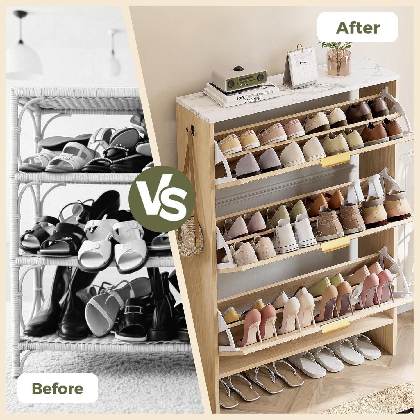 IRONCK Shoe Storage Cabinet with 3 Flip Drawers, Fluted Shoe Cabinet Storage for Entryway, Free Standing Wooden Shoe Organizer Cabinet for Hallway, Natural Oak