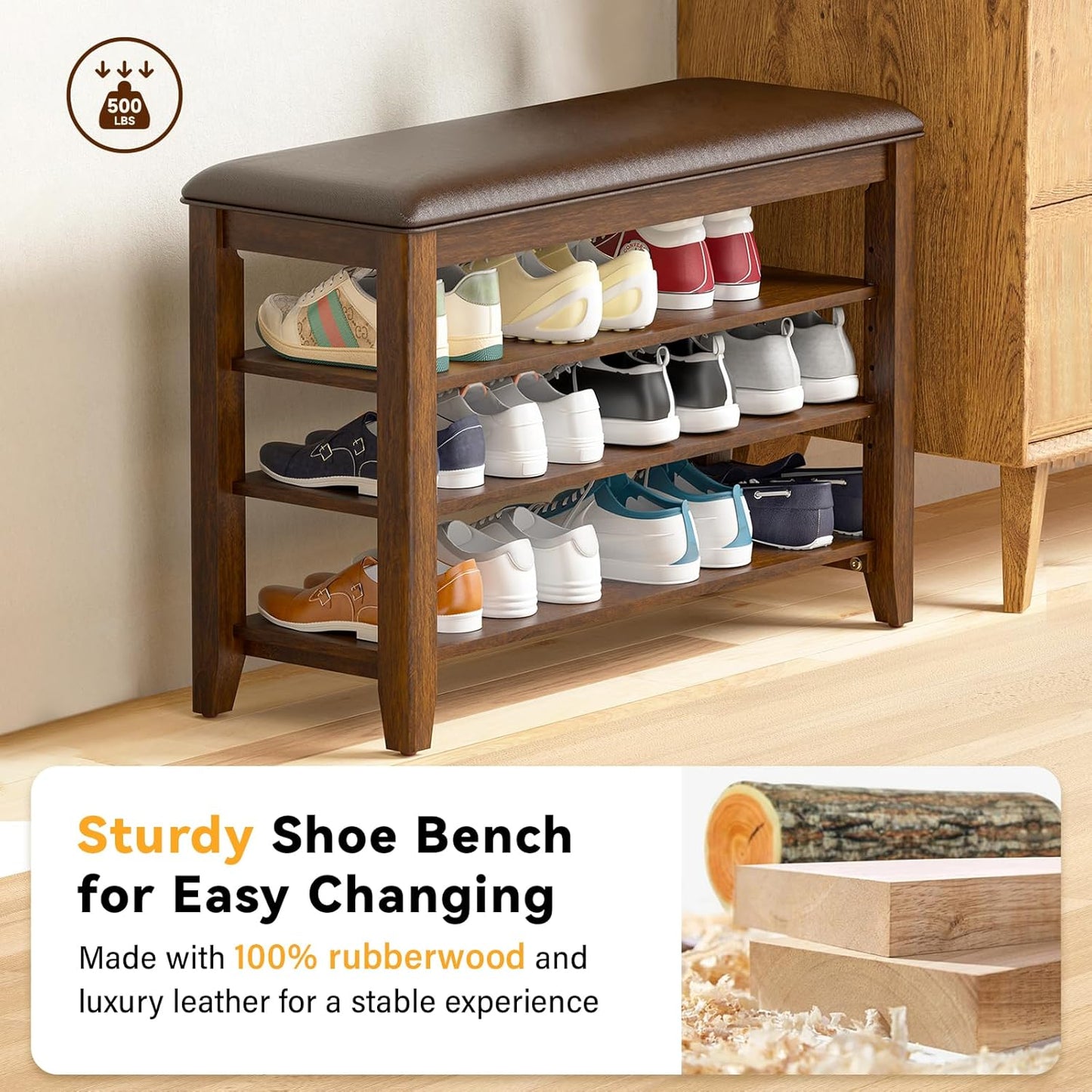 Shoe Rack Bench Entryway Storage with Leather Cushion, Shoe Organizer Bench for Entryway, Ideal for Front Doors Entrances Hallway Mudroom Featuring Rubberwood And 3 Height-Adjustable Removable Shelve