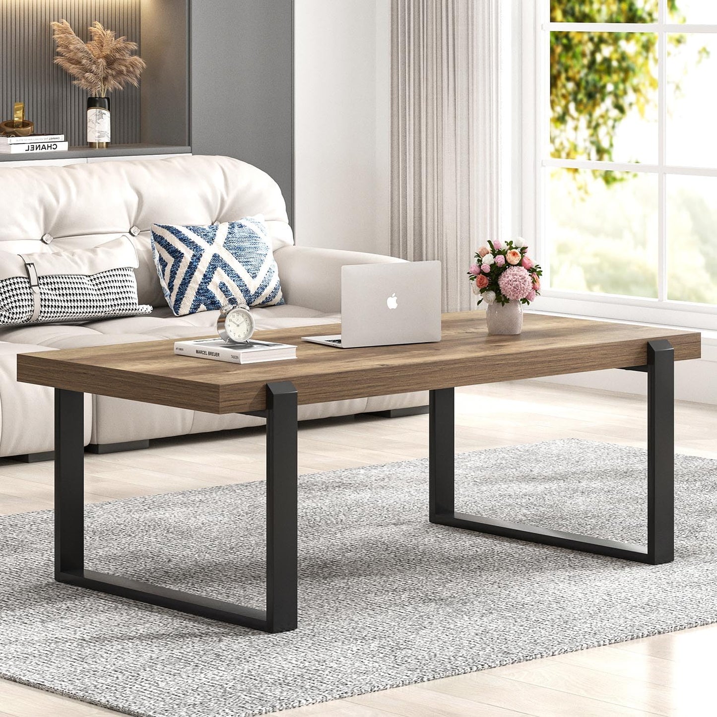 FOLUBAN Rustic Coffee Table, Modern Wood and Metal Industrial Center Table for Living Room, 47 Inch Oak
