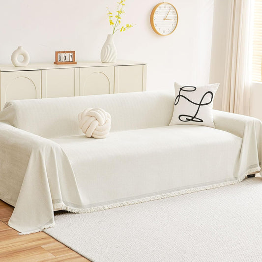 hyha Couch Cover for Dogs, Boho Sofa Covers for 3 Cushion Couch Washable, Chenille Sofa Slipcover for Pets, Soft Loveseat Sectional Couch Throw Blankets with Tassels (Beige, 71x134 Inch)