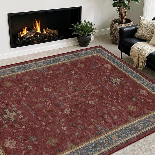 5x8 Boho Dark Red Rug for Living Room - Vintage Oriental Revival Low-Pile Carpet for Bedroom, Dining Table, Machine Washable Area Rug Non-Slip with Rubber Back