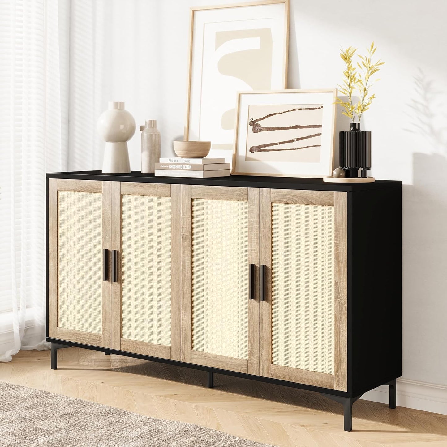 Sideboard - Buffet Cabinet with Storage, Rattan Kitchen Buffet Cabinet Accent Sideboard Cabinets with Doors, Coffee Bar Cabinets Rattan Sideboards for Living Room, Entryway, Black
