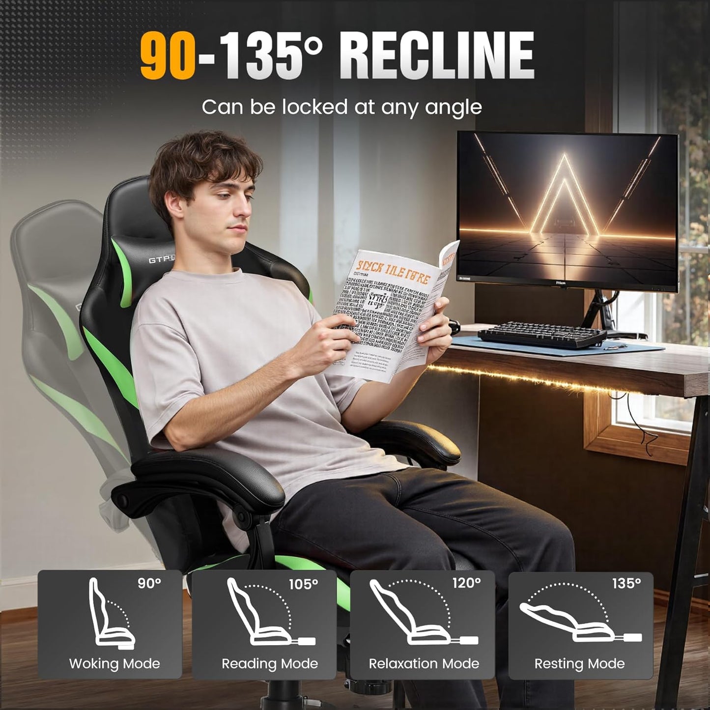GTRACING Gaming Chair with Foot Rest & Pocket Spring Cushion, Ergonomic High Back Computer Chair with Headrest & 360°-Swivel Seat for Home Office Desk, PU Leather, Vivid Green