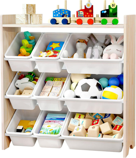 MallBest 4-Tier Kids' Toy Storage Organizer Shelf - 100% Solid Wood,Children's Storage Cabinet with 9 Plastic Bins