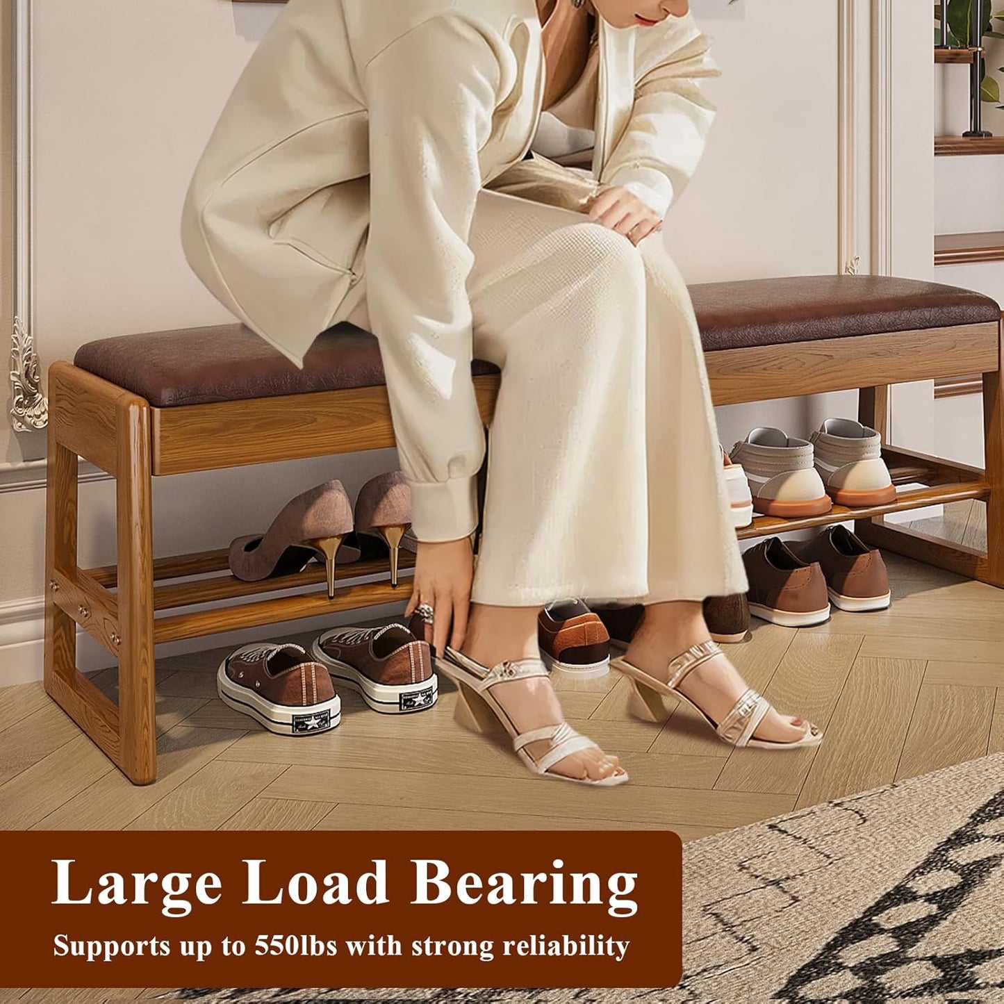 Shoe Rack Bench Seat Rubberwood 2-Tier Wooden Storage Bench 550lbs Compact Mid-Century Modern Design for Entryway, Hallway, Closet, Front Door Entrance, Foyer