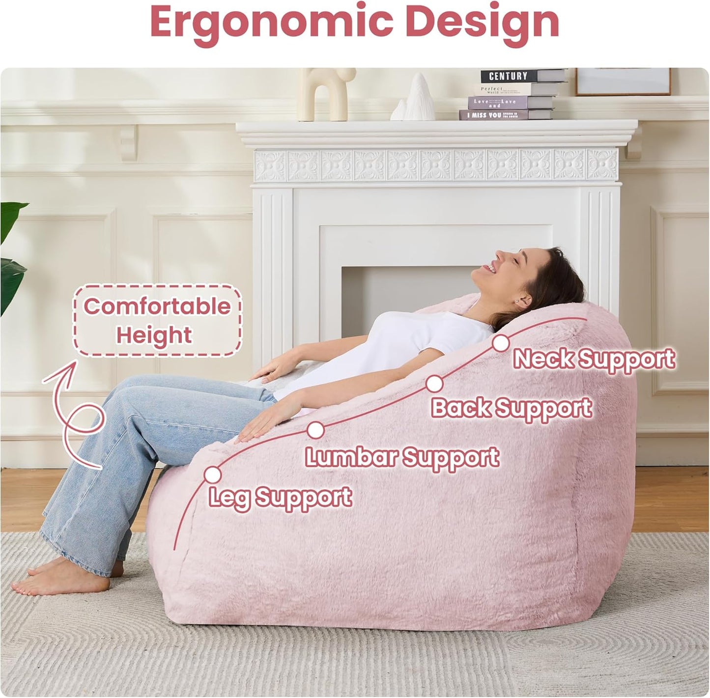 Bean Bag Chairs for Adults, Giant Beanbag Sofa Comfy Reading Chair, Oversized Bean Bag Chairs for Living Room Bedroom, Soft Faux Fur Fabric, 3.2FT, Pink, Plush