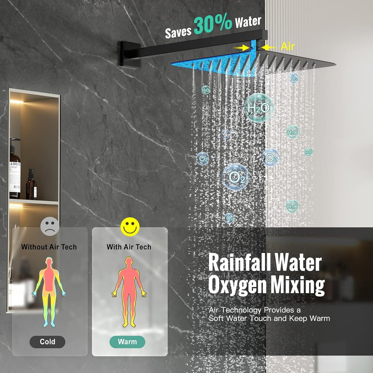 SR SUN RISE Black Square Rainfall Shower Head and Handle Set, Wall Mounted Shower Fixtures, Metal Shower Faucet Trim Repair Kits (With Shower Valve)