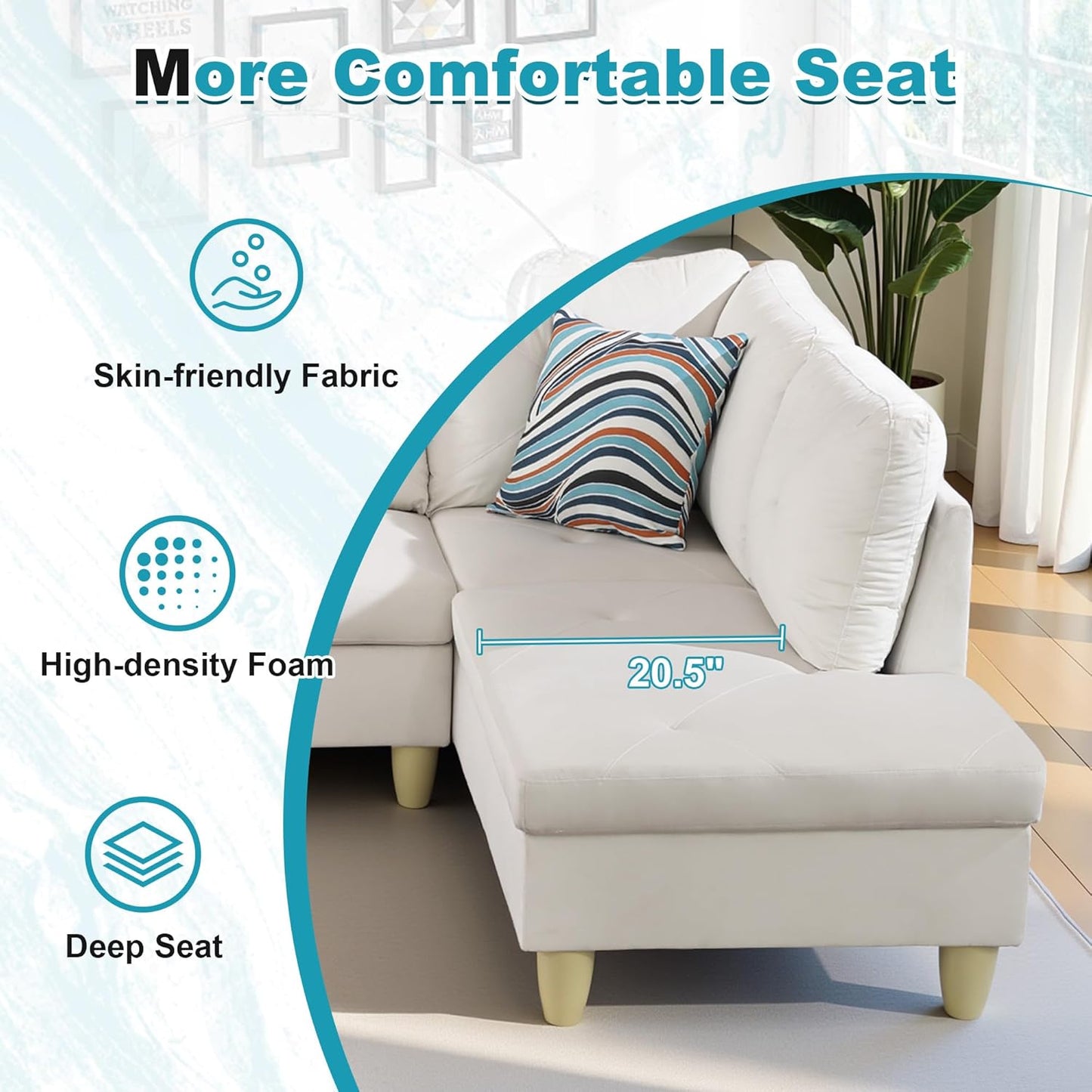 97" Oversized Sectional Couch, L Shaped Couch with Storage Ottoman, Modern Modular Sofa with Deep Seat, Sectional Couches for Living Room and Office, White (Flannel)