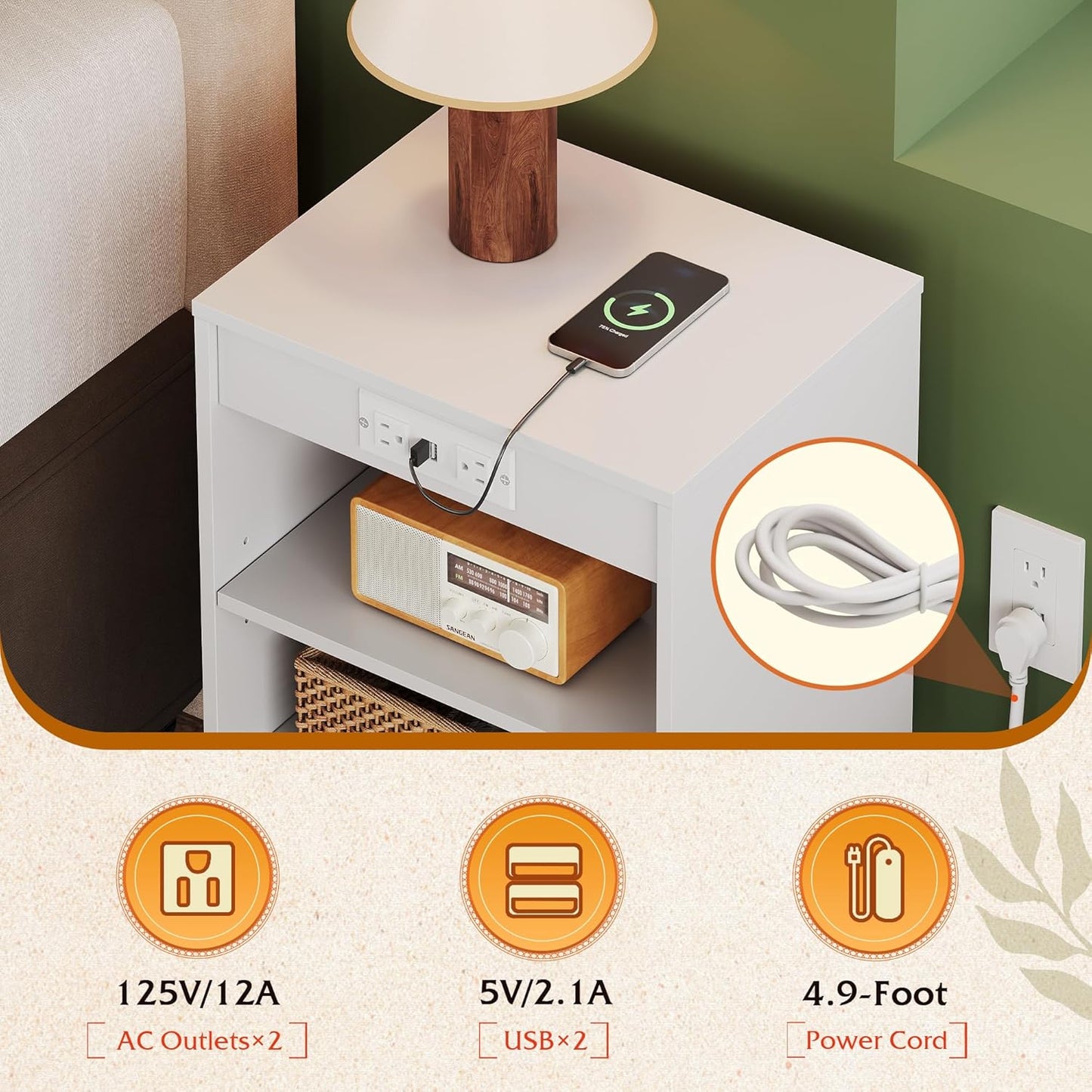 WLIVE White Nightstand, Bedside Tables, Night Stand with Charger Station, Side Table with Storage Shelf, End Table with USB Ports and Outlets for Bedroom, 15.12" D x 11.73" W x 23.74" H