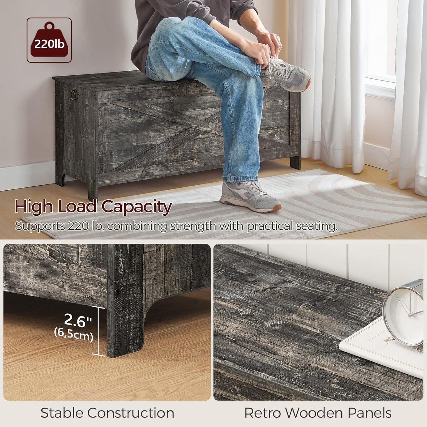 43.3" Toy Chest, Sturdy Entryway Storage Chest with Safety Hinges, Retro Toy Box, Wooden Look Accent Furniture for Living Room, Bedroom, Vintage Gray SCRP48501