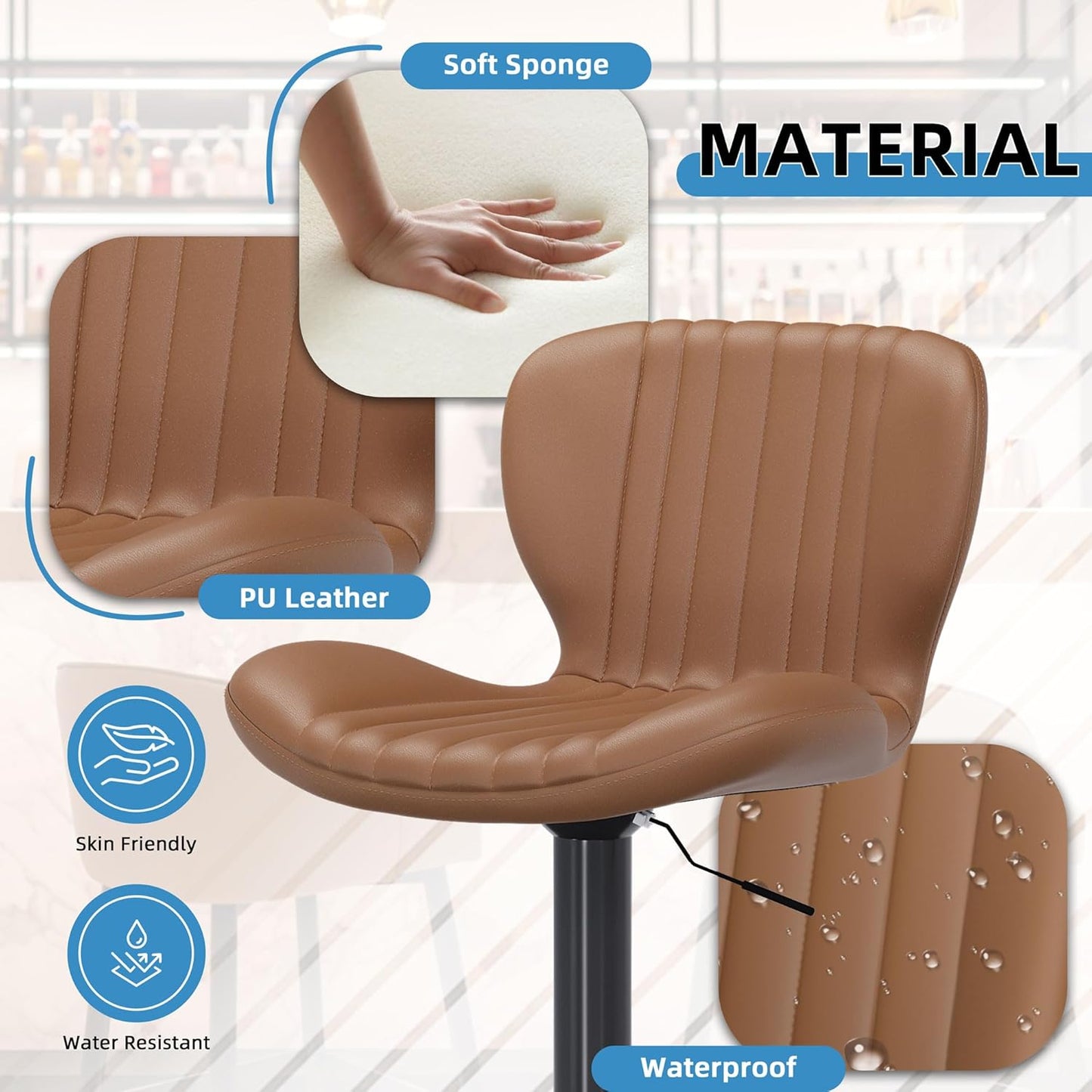 Shintenchi Bar Stools Set of 2 Modern Swivel Bar Chairs, Counter Height Faux Leather Metal Barstools, Upholstered Island Chairs with Back and Footrest, Coffee