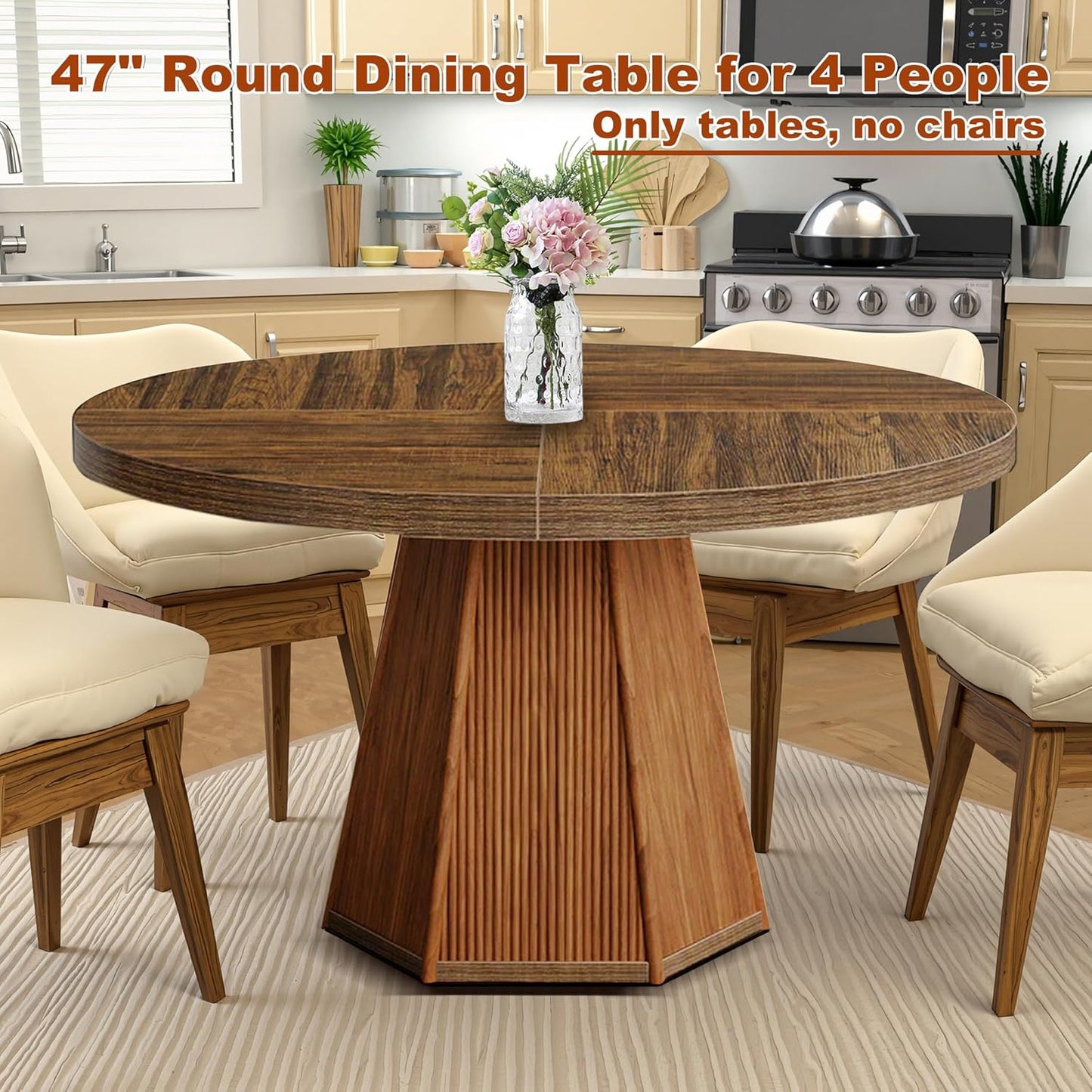 Round Dining Table for 4, 47 Inch Dinner Table Square Farmhouse Kitchen Tables with Sturdy Wooden Pedestal Base for Dining Room, Kitchen, Living Room, Dark Brown