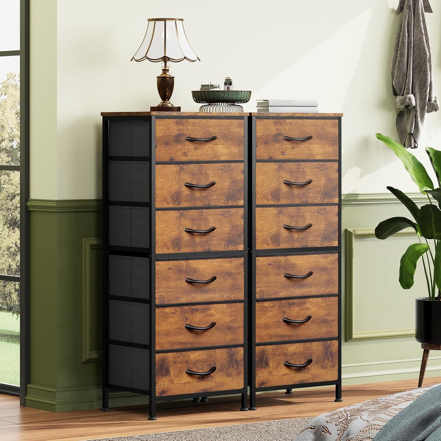 WLIVE Tall Dresser for Bedroom, 6 Drawer Dressers & Chests of Drawers, Fabric Dresser for Closet, Night Stand with Metal Frame, Storage Tower with Fabric Bins, Wood Top, Rustic Brown Wood Grain Print