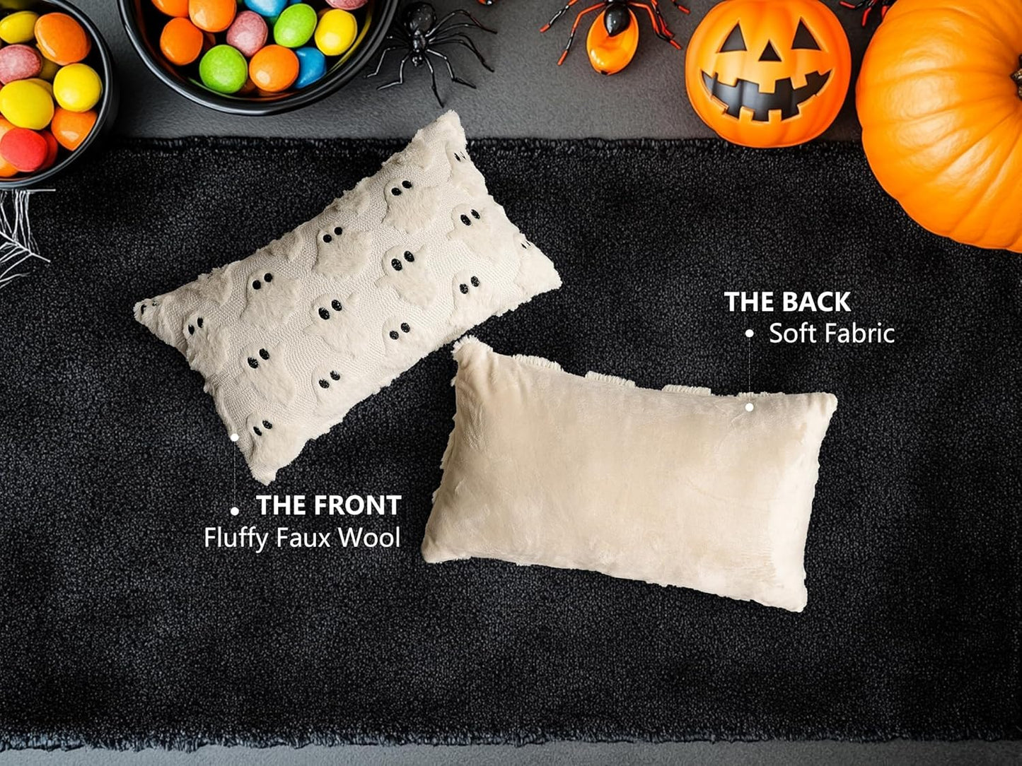 4TH Emotion Halloween Ghost Decorative Lumbar Pillow Covers 12x20 Set of 2, Beige Soft Plush Faux Fur Farmhouse Throw Cushion Cases for Fall Autumn Holiday Home Decorations