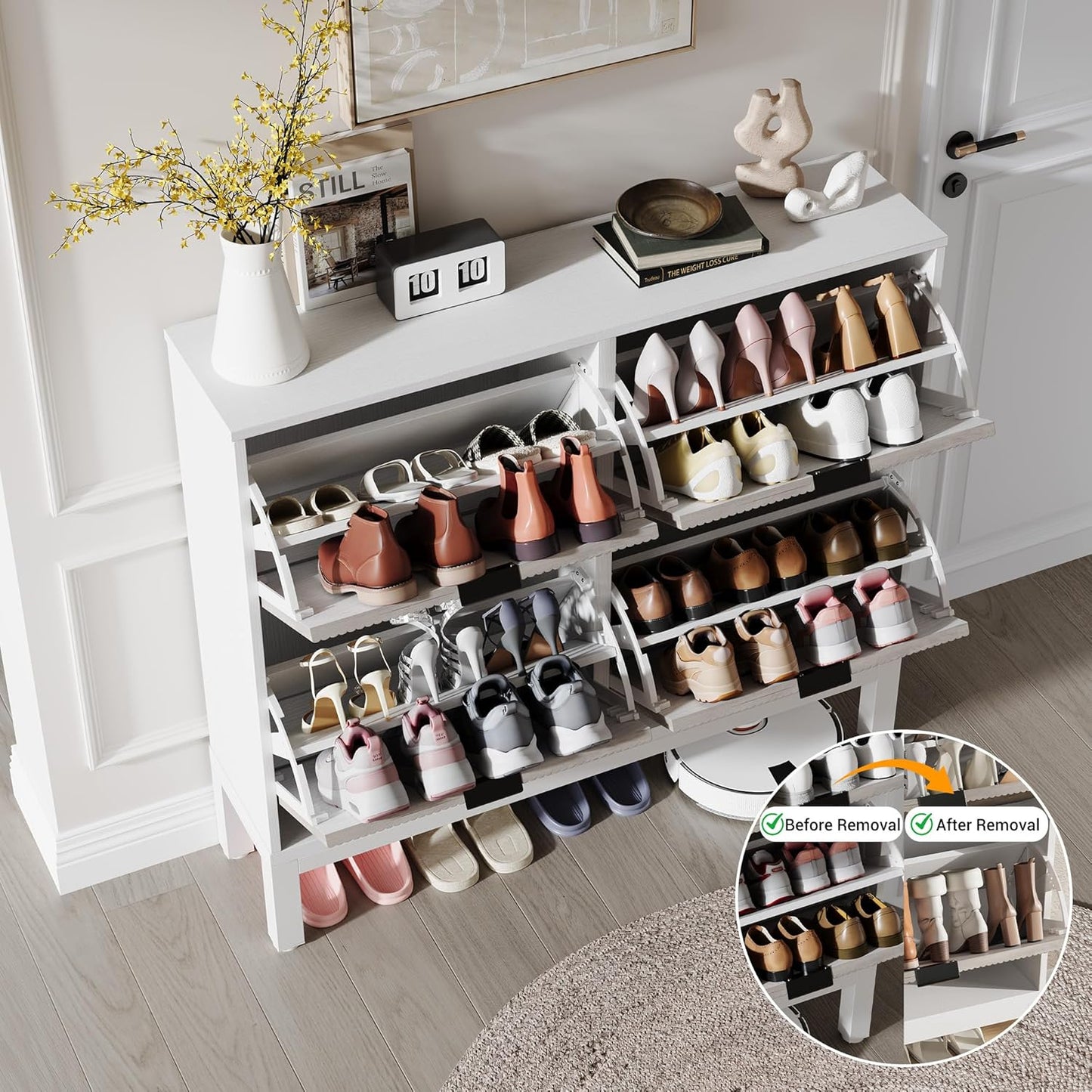 GarveeHome Fluted Shoe Storage Cabinet with 4 Flip Drawers, Narrow Wooden Shoe Organizer with Metal Legs, Modern Farmhouse Hidden Shoe Rack for Entryway, Hallway, White+Gray