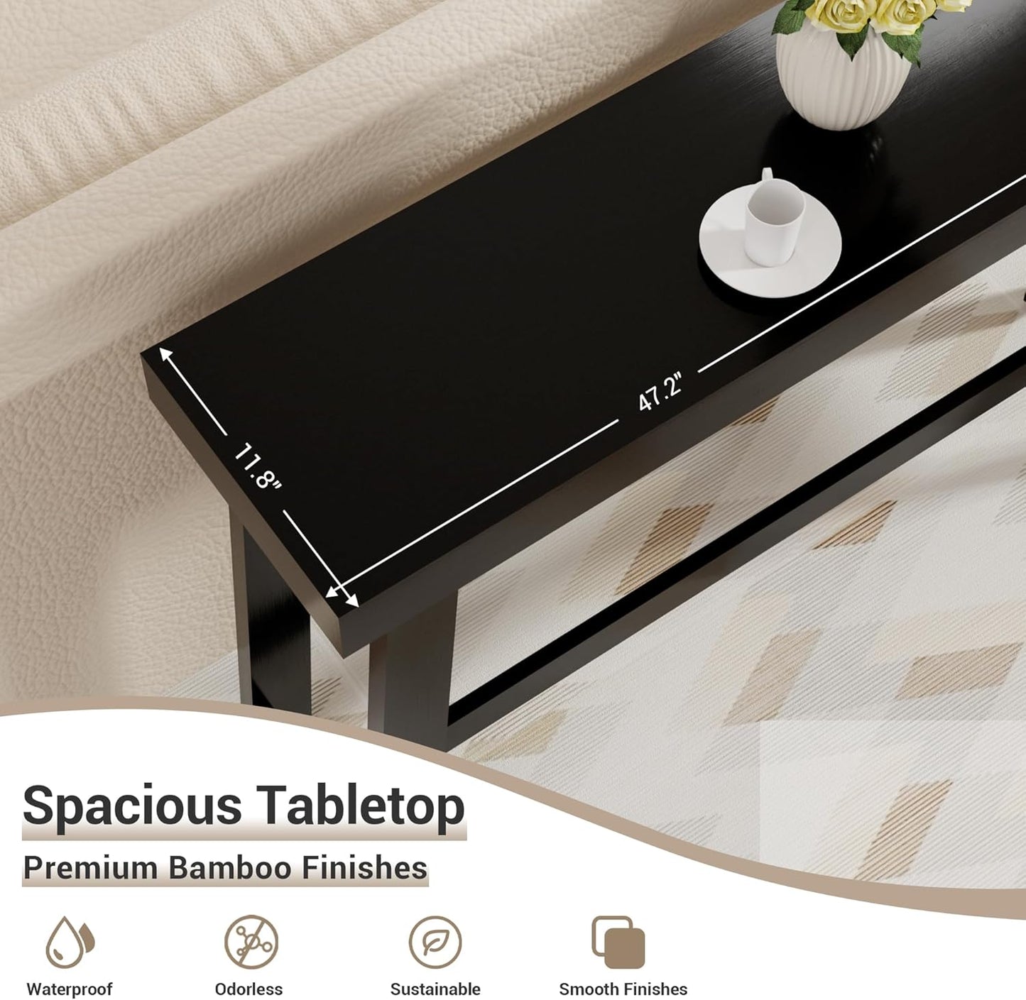 Bamboo Wood Entryway Table 47.2" Console Table, Narrow Sofa Table with Support Beam for Entrance, Hallway, Living Room, Bedroom, Foyer(Black)