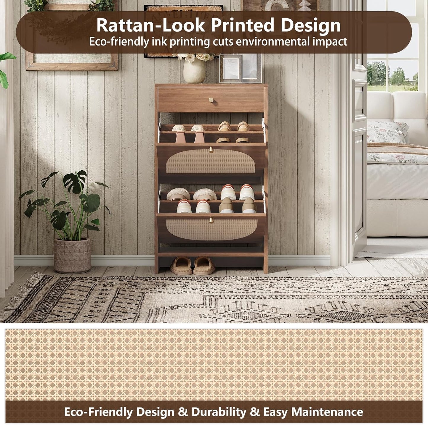 Nicetree Shoe Storage Organizer with 2 Flip Drawers and 1 Drawer, Freestanding Fluted Accent Narrow Shoe Rack, Farmhouse Shoe Cabinet with 3-Tier Adjustable Shelves for Hallway Foyer Rustic