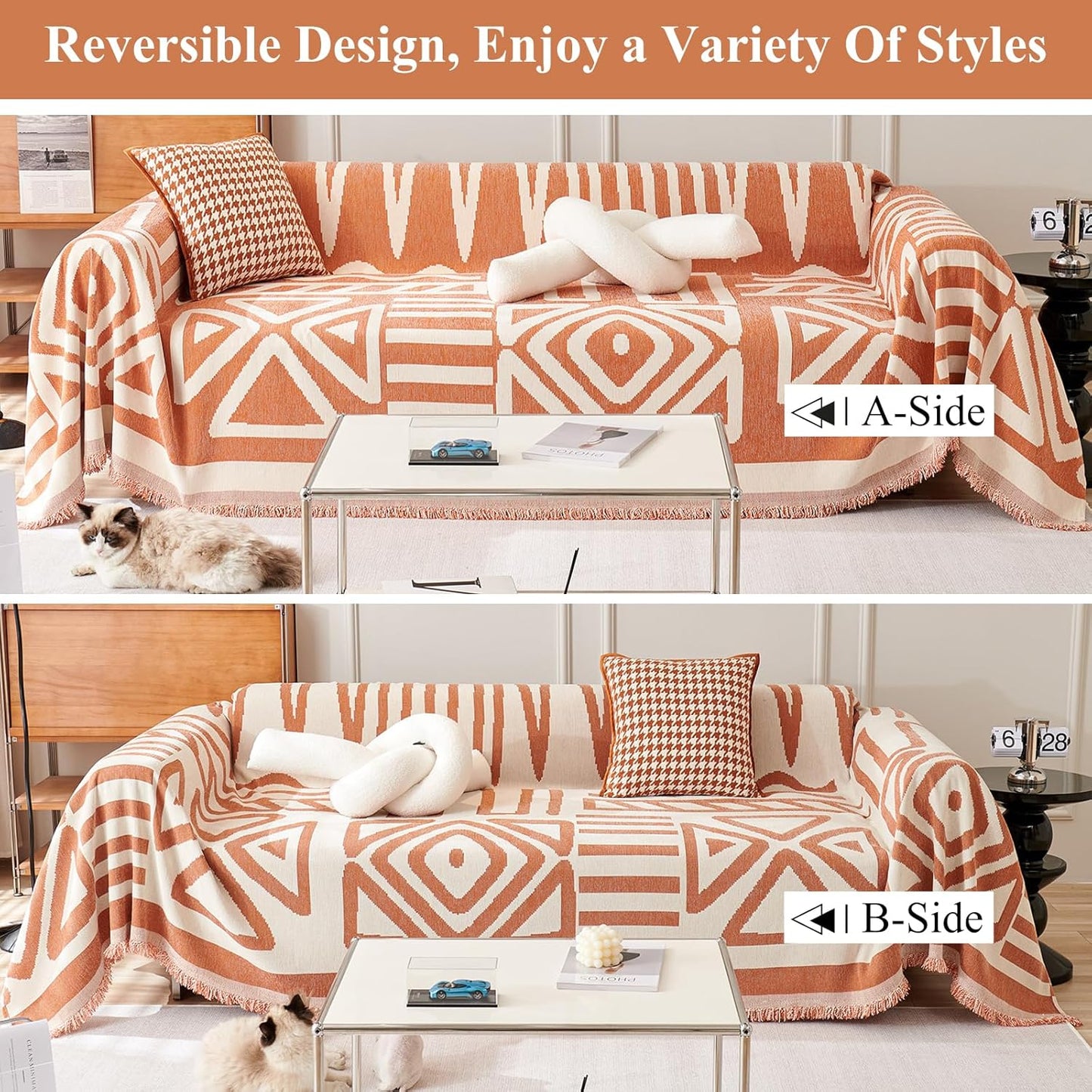 STACYPIK Thick Warm Orange Sofa Cover Armchair Slipcovers Boho Geometric Couch Cover for Sectional Sofa Caramel Loveseat Cover Anti-Slip Chenille Couch Protector for 2 Cushion Couch Home Decor-71X90IN