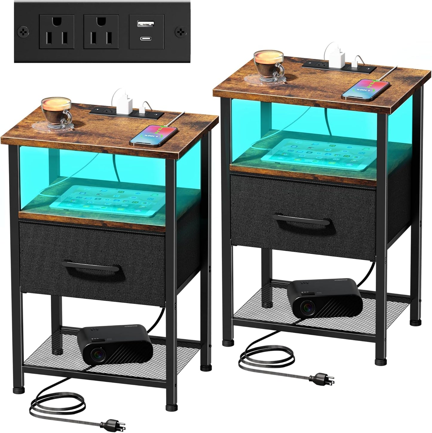 Nightstands Set of 2 with Charging Station and Drawer, End Table Bedside Table with 20 Colors LED Light Strip and 2 Layers Shelf for Bedroom Living Room (Rustic Brown)