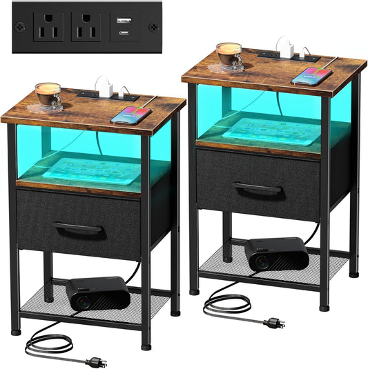 Nightstands Set of 2 with Charging Station and Drawer, End Table Bedside Table with 20 Colors LED Light Strip and 2 Layers Shelf for Bedroom Living Room (Rustic Brown)