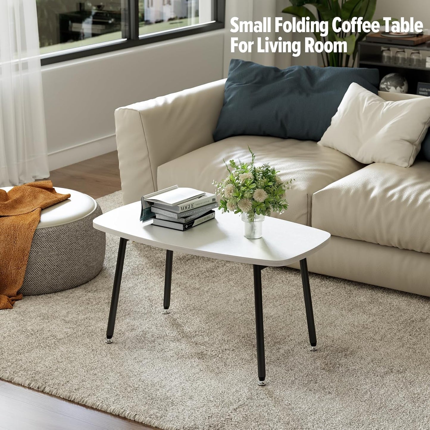 WOHOMO Foldable Coffee Table White Small Coffee Tables for Living Room Portable Simple Modern Rectangular Center Table for Small Spaces, No Assembly, 31.5 * 15.7 * 17.7IN, White