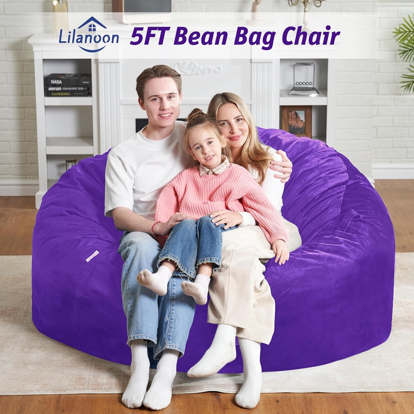 5FT Bean Bag Chair with Ultra Soft Velvet Cover Bean Bag Sofa with Memory Foam Bean Bag Chairs with Large Size Lazy Sofa for Dorm Office Living Room Bedroom Purple 5'