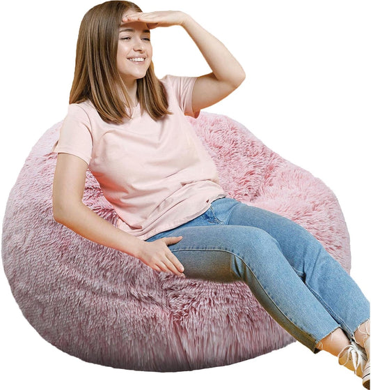 Fluffy Bean Bag Chair, 3FT Round Memory Foam Filled Bean Bag for Teens & Kids, Ultra Soft Faux Fur Fabric Bean Bag Chairs for Playroom, Living Room, Bedroom,Pink