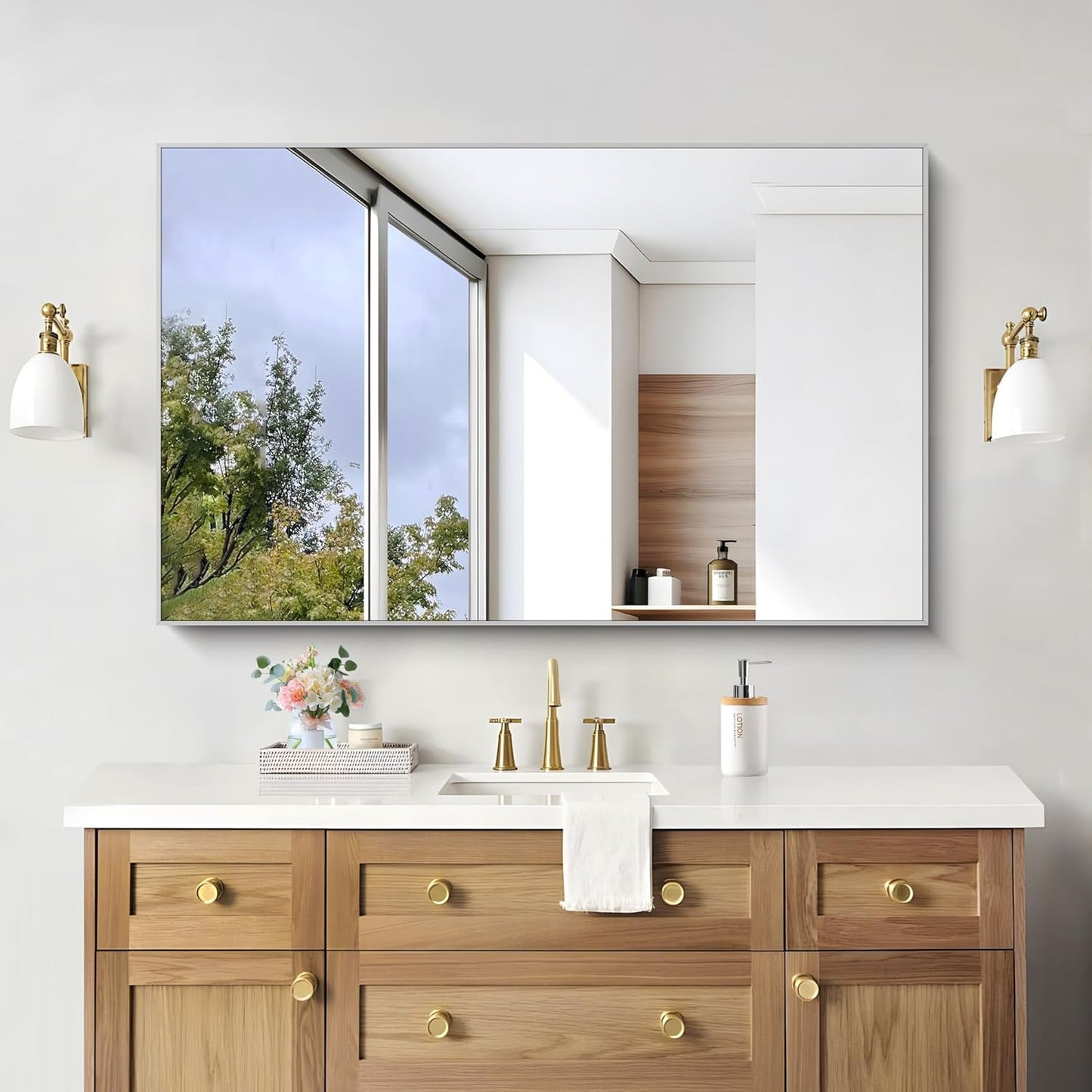 KOCUUY 30x48 Inch Large Silver Wall Mounted Mirror,Brushed Nickel Framed Rectangular Mirror for Wall Over Sink,Modern Design for Bedroom Living Room Bathroom,Functional Oversized Mirror