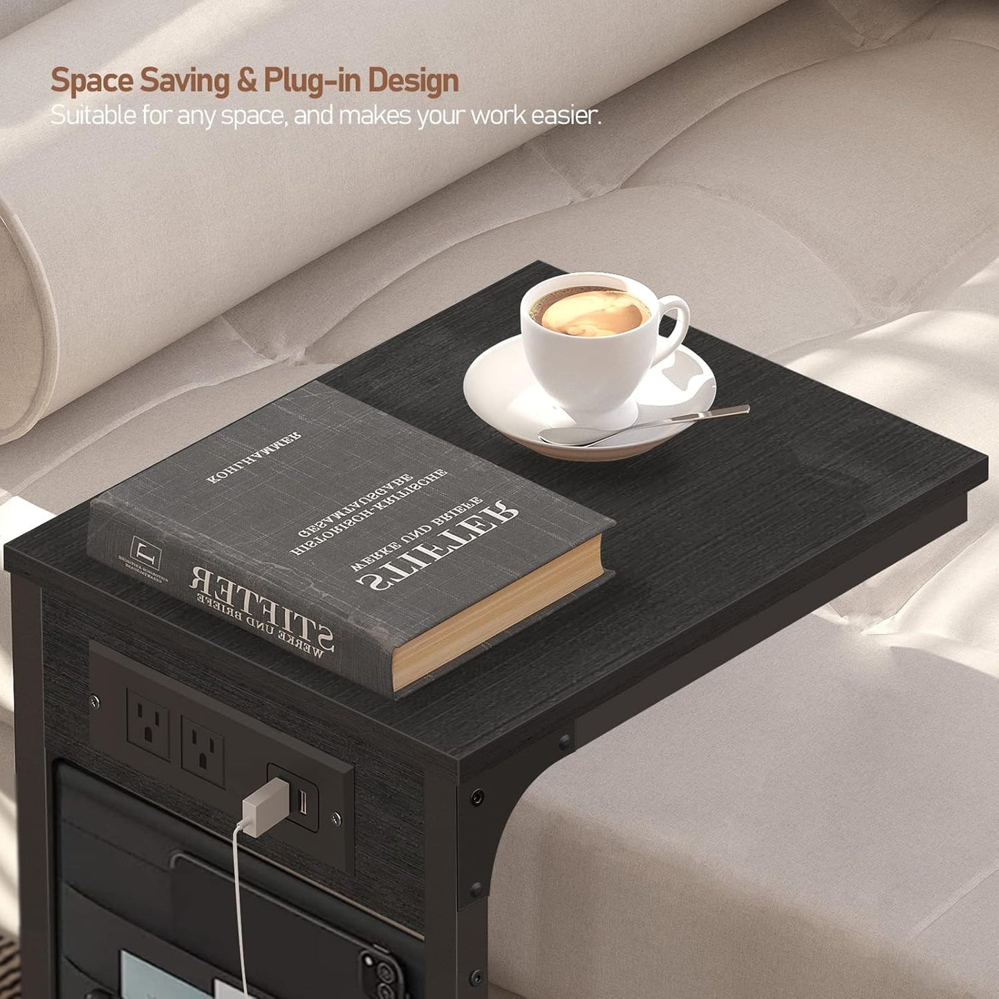 TUTOTAK C Shaped End Table with Charging Station, Side Table for Sofa, Couch Table with Storage Bag, Set of 2, TV Tray Table with 2 USB Ports and Outlets for Living Room, Bedroom, Black TB01BK0242