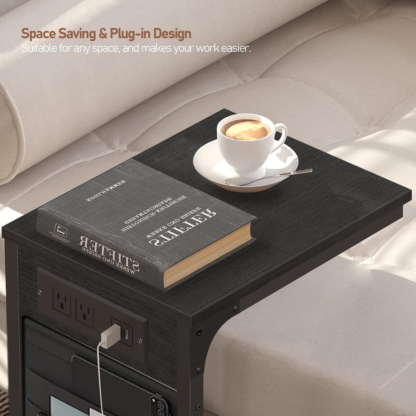 TUTOTAK C Shaped End Table with Charging Station, Side Table for Sofa and Couch with Storage, TV Tray Table with 2 USB Ports & Outlets - Black TB01BK024